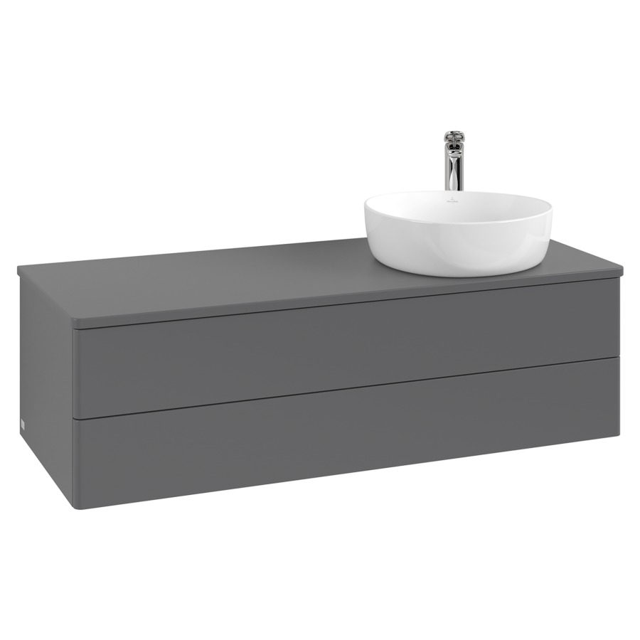 Élément inférieur  Antao
120 x 36 x 50 cm
élément de tiroir, 2&nbsp;tiroirs
lavabo à droite
avec siphon gain de place
avec matériel de fixation
pour 1 lavabo à poser 101037/101038/234171
recouvrement avec trou pour robinet