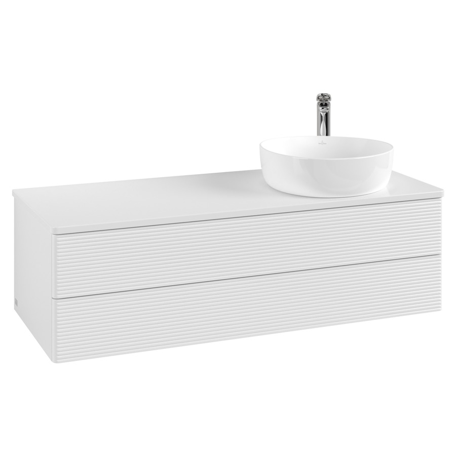 Élément inférieur  Antao
120 x 36 x 50 cm
élément de tiroir, 2&nbsp;tiroirs
lavabo à droite
avec siphon gain de place
avec matériel de fixation
pour 1 lavabo à poser 101037/101038/234171
recouvrement avec trou pour robinet