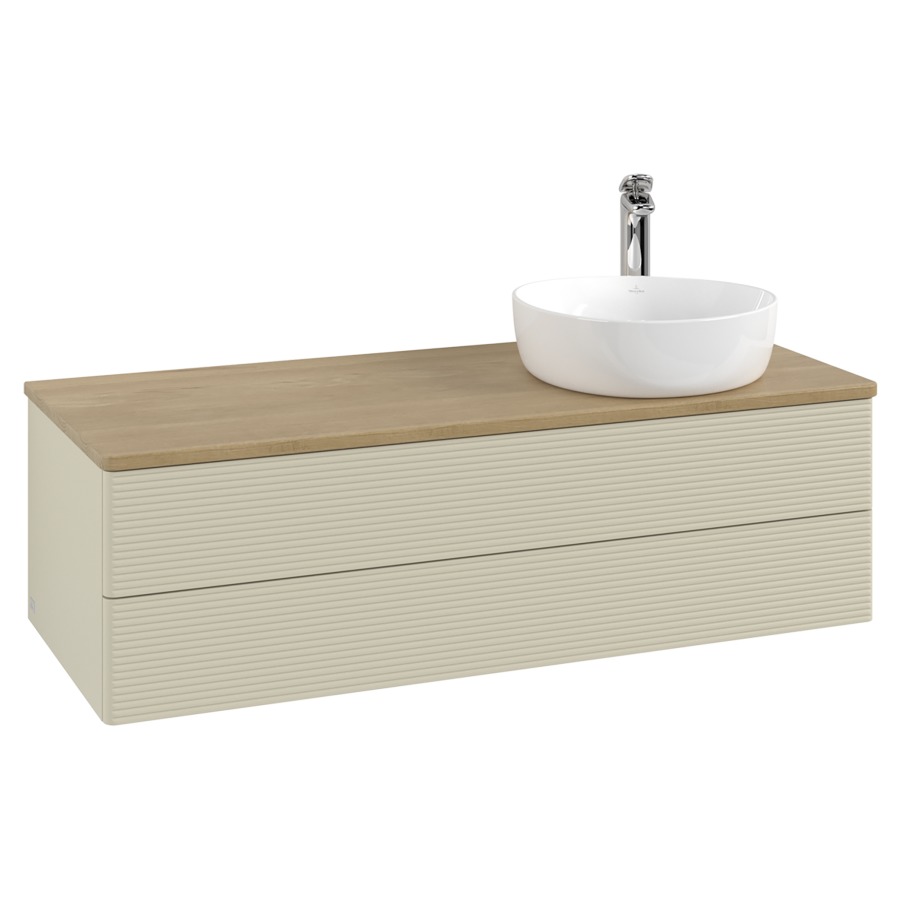 Élément inférieur  Antao
120 x 36 x 50 cm
élément de tiroir, 2&nbsp;tiroirs
lavabo à droite
avec siphon gain de place
avec matériel de fixation
pour 1 lavabo à poser 101037/101038/234171
recouvrement Honey Oak, 1 trou pour robinet