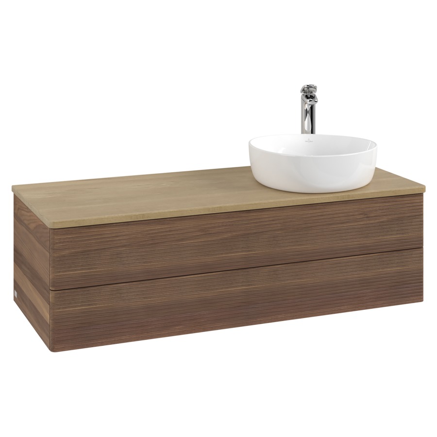 Élément inférieur  Antao
120 x 36 x 50 cm
élément de tiroir, 2&nbsp;tiroirs
lavabo à droite
avec siphon gain de place
avec matériel de fixation
pour 1 lavabo à poser 101037/101038/234171
recouvrement Honey Oak, 1 trou pour robinet