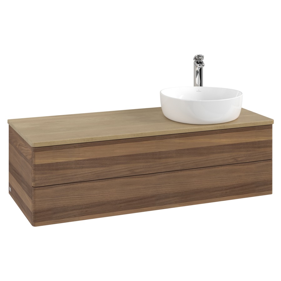 Élément inférieur  Antao
120 x 36 x 50 cm
élément de tiroir, 2&nbsp;tiroirs
lavabo à droite
avec siphon gain de place
avec matériel de fixation
pour 1 lavabo à poser 101037/101038/234171
recouvrement Honey Oak, 1 trou pour robinet