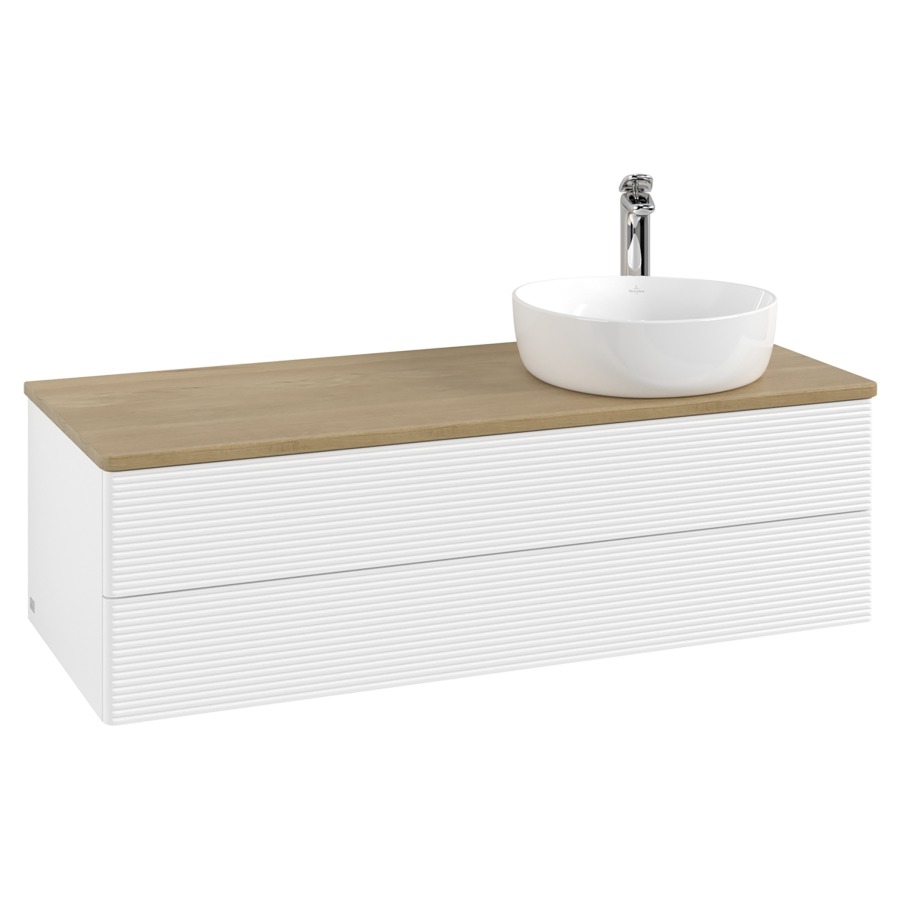 Élément inférieur  Antao
120 x 36 x 50 cm
élément de tiroir, 2&nbsp;tiroirs
lavabo à droite
avec siphon gain de place
avec matériel de fixation
pour 1 lavabo à poser 101037/101038/234171
recouvrement Honey Oak, 1 trou pour robinet