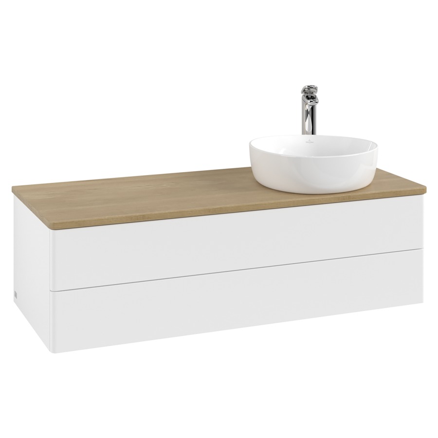 Élément inférieur  Antao
120 x 36 x 50 cm
élément de tiroir, 2&nbsp;tiroirs
lavabo à droite
avec siphon gain de place
avec matériel de fixation
pour 1 lavabo à poser 101037/101038/234171
recouvrement Honey Oak, 1 trou pour robinet