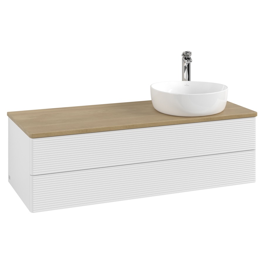 Élément inférieur  Antao
120 x 36 x 50 cm
élément de tiroir, 2&nbsp;tiroirs
lavabo à droite
avec siphon gain de place
avec matériel de fixation
pour 1 lavabo à poser 101037/101038/234171
recouvrement Honey Oak, 1 trou pour robinet