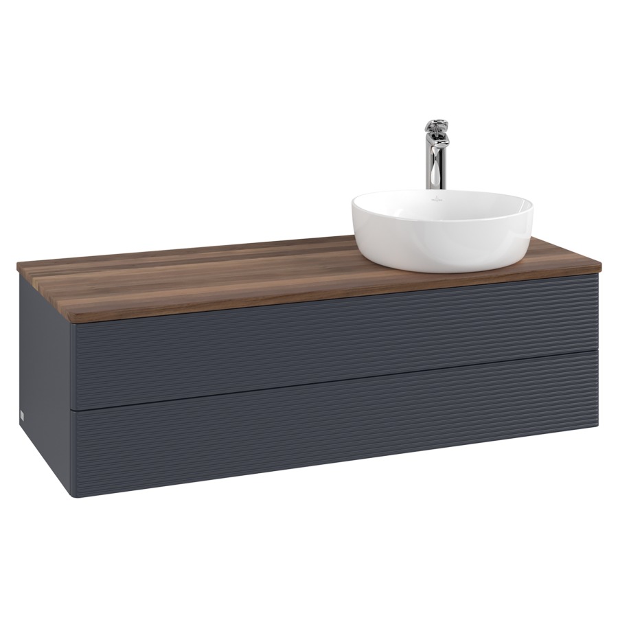 Élément inférieur  Antao
120 x 36 x 50 cm
élément de tiroir, 2&nbsp;tiroirs
lavabo à droite
avec siphon gain de place
avec matériel de fixation
pour 1 lavabo à poser 101037/101038/234171
recouvrement Warm Walnut, 1 trou pour robinet
