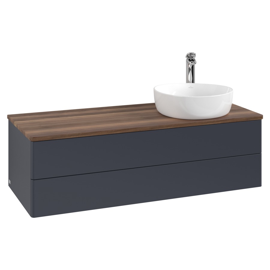 Élément inférieur  Antao
120 x 36 x 50 cm
élément de tiroir, 2&nbsp;tiroirs
lavabo à droite
avec siphon gain de place
avec matériel de fixation
pour 1 lavabo à poser 101037/101038/234171
recouvrement Warm Walnut, 1 trou pour robinet