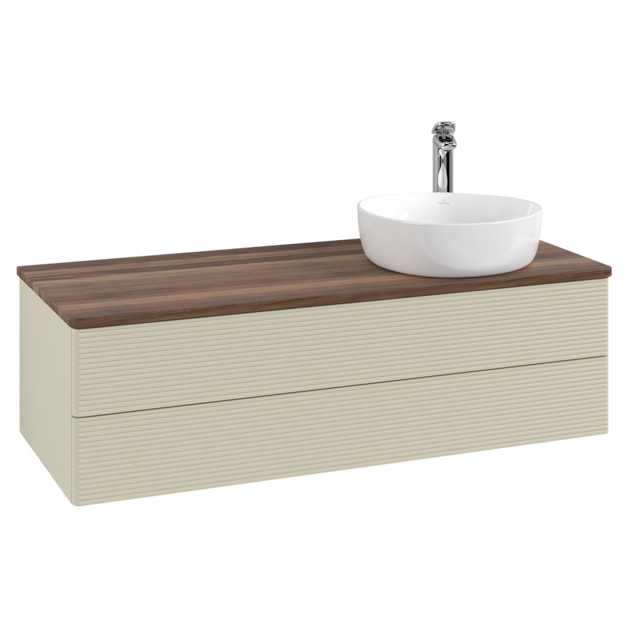 Élément inférieur  Antao
120 x 36 x 50 cm
élément de tiroir, 2&nbsp;tiroirs
lavabo à droite
avec siphon gain de place
avec matériel de fixation
pour 1 lavabo à poser 101037/101038/234171
recouvrement Warm Walnut, 1 trou pour robinet