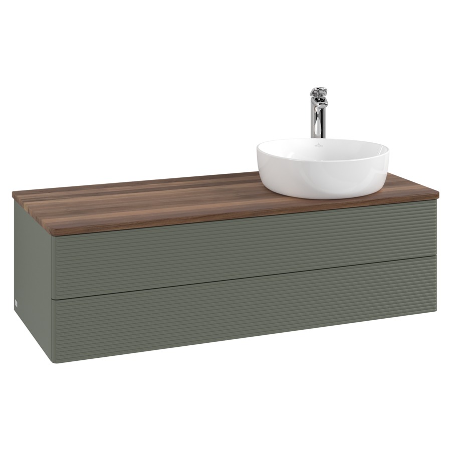 Élément inférieur  Antao
120 x 36 x 50 cm
élément de tiroir, 2&nbsp;tiroirs
lavabo à droite
avec siphon gain de place
avec matériel de fixation
pour 1 lavabo à poser 101037/101038/234171
recouvrement Warm Walnut, 1 trou pour robinet