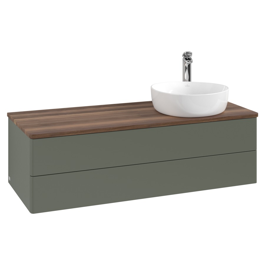 Élément inférieur  Antao
120 x 36 x 50 cm
élément de tiroir, 2&nbsp;tiroirs
lavabo à droite
avec siphon gain de place
avec matériel de fixation
pour 1 lavabo à poser 101037/101038/234171
recouvrement Warm Walnut, 1 trou pour robinet