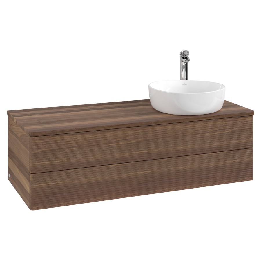 Élément inférieur  Antao
120 x 36 x 50 cm
élément de tiroir, 2&nbsp;tiroirs
lavabo à droite
avec siphon gain de place
avec matériel de fixation
pour 1 lavabo à poser 101037/101038/234171
recouvrement Warm Walnut, 1 trou pour robinet