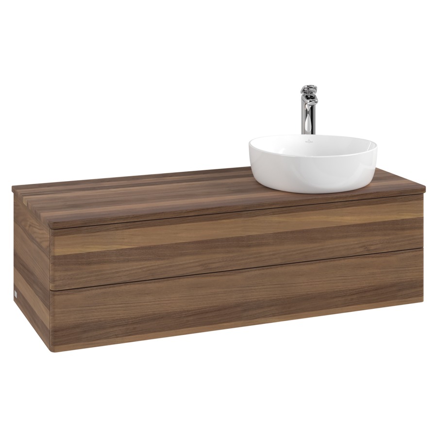 Élément inférieur  Antao
120 x 36 x 50 cm
élément de tiroir, 2&nbsp;tiroirs
lavabo à droite
avec siphon gain de place
avec matériel de fixation
pour 1 lavabo à poser 101037/101038/234171
recouvrement Warm Walnut, 1 trou pour robinet