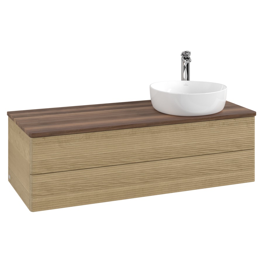 Élément inférieur  Antao
120 x 36 x 50 cm
élément de tiroir, 2&nbsp;tiroirs
lavabo à droite
avec siphon gain de place
avec matériel de fixation
pour 1 lavabo à poser 101037/101038/234171
recouvrement Warm Walnut, 1 trou pour robinet