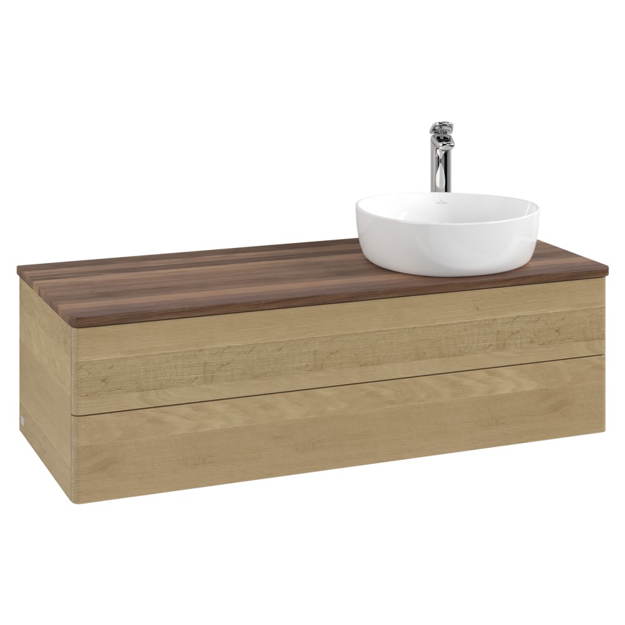 Élément inférieur  Antao
120 x 36 x 50 cm
élément de tiroir, 2&nbsp;tiroirs
lavabo à droite
avec siphon gain de place
avec matériel de fixation
pour 1 lavabo à poser 101037/101038/234171
recouvrement Warm Walnut, 1 trou pour robinet