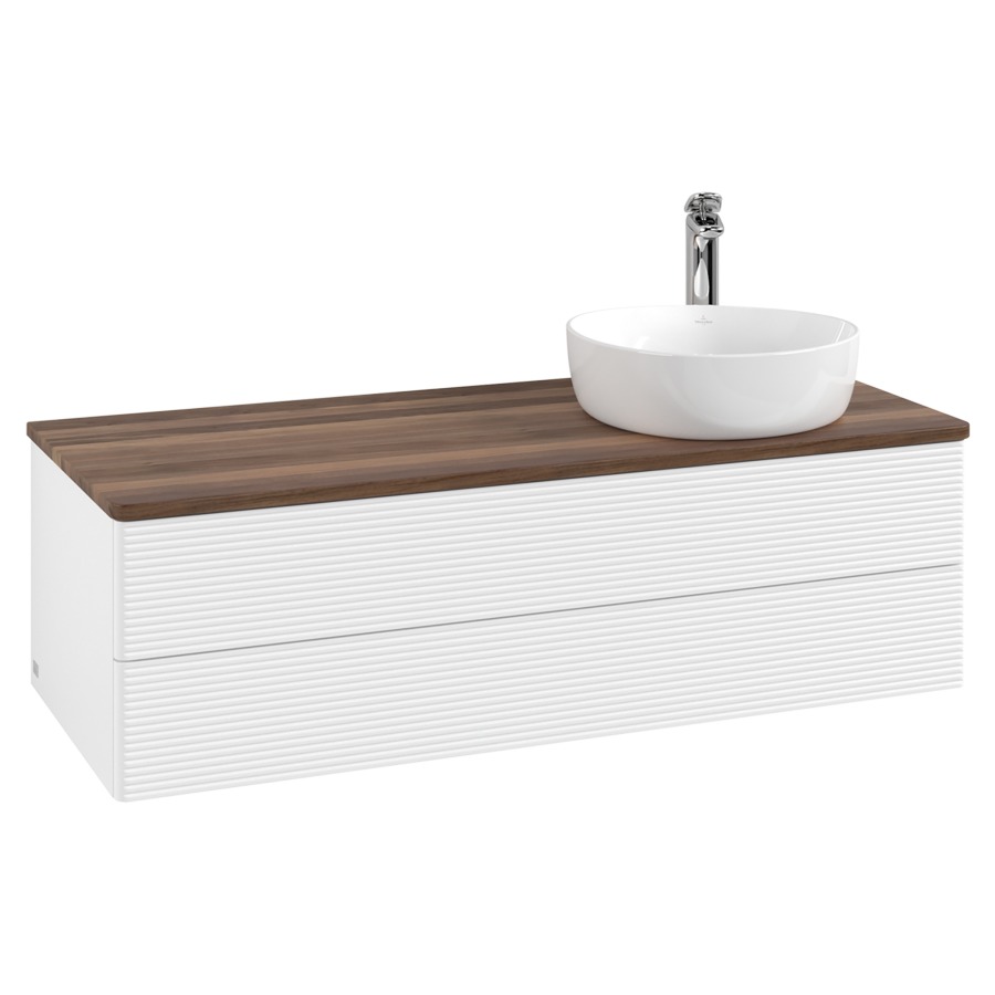 Élément inférieur  Antao
120 x 36 x 50 cm
élément de tiroir, 2&nbsp;tiroirs
lavabo à droite
avec siphon gain de place
avec matériel de fixation
pour 1 lavabo à poser 101037/101038/234171
recouvrement Warm Walnut, 1 trou pour robinet