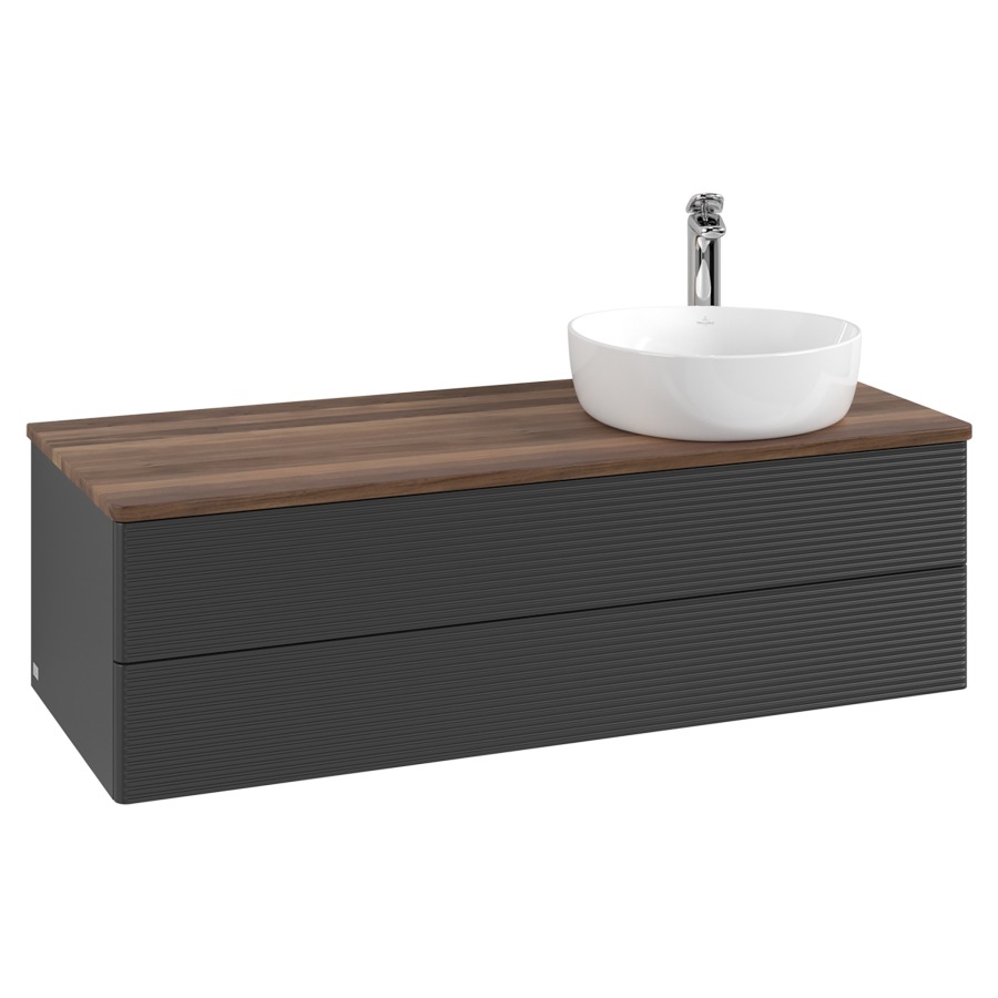 Élément inférieur  Antao
120 x 36 x 50 cm
élément de tiroir, 2&nbsp;tiroirs
lavabo à droite
avec siphon gain de place
avec matériel de fixation
pour 1 lavabo à poser 101037/101038/234171
recouvrement Warm Walnut, 1 trou pour robinet