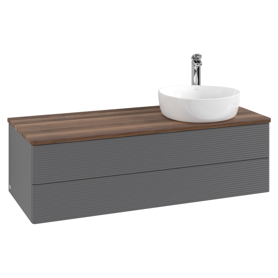 Élément inférieur  Antao
120 x 36 x 50 cm
élément de tiroir, 2&nbsp;tiroirs
lavabo à droite
avec siphon gain de place
avec matériel de fixation
pour 1 lavabo à poser 101037/101038/234171
recouvrement Warm Walnut, 1 trou pour robinet