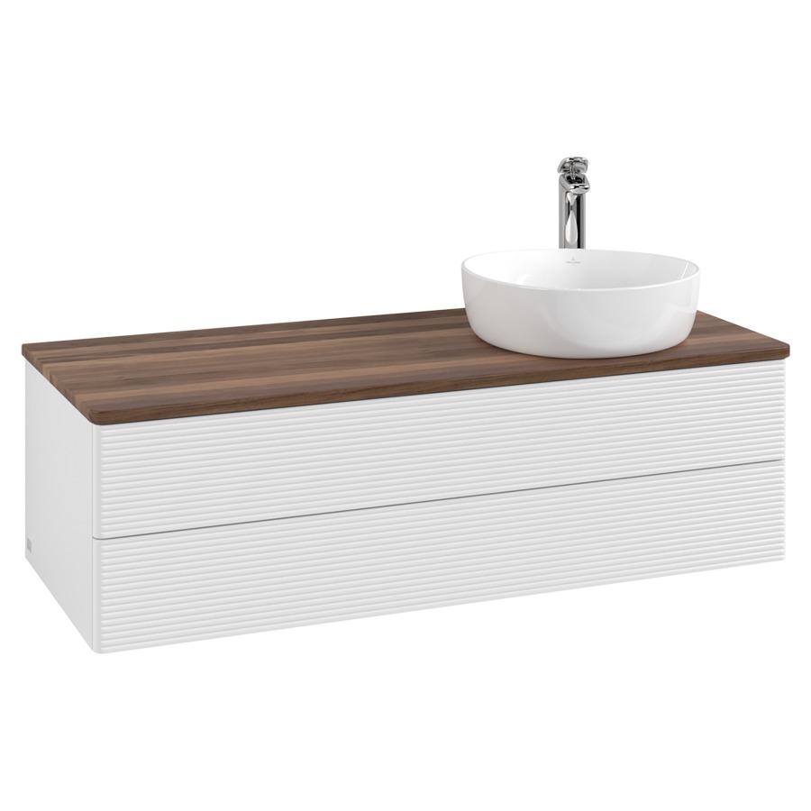 Élément inférieur  Antao
120 x 36 x 50 cm
élément de tiroir, 2&nbsp;tiroirs
lavabo à droite
avec siphon gain de place
avec matériel de fixation
pour 1 lavabo à poser 101037/101038/234171
recouvrement Warm Walnut, 1 trou pour robinet