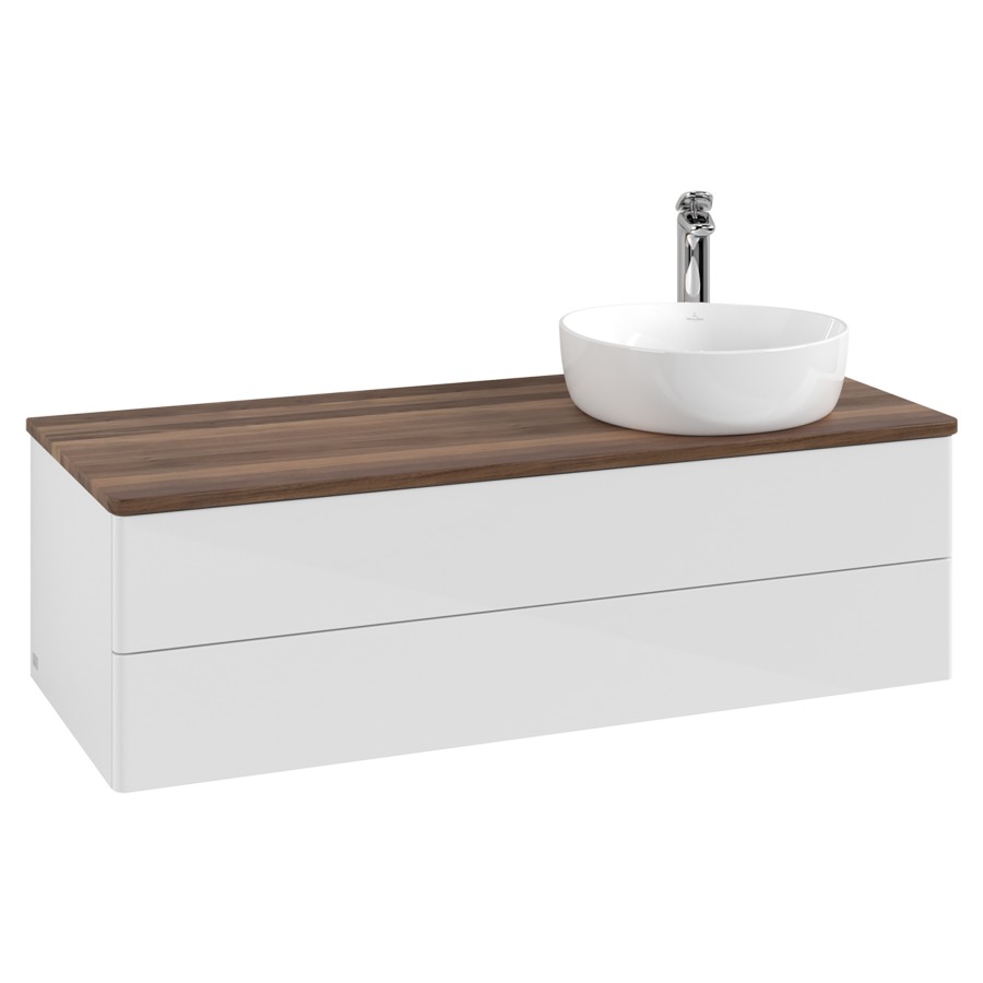 Élément inférieur  Antao
120 x 36 x 50 cm
élément de tiroir, 2&nbsp;tiroirs
lavabo à droite
avec siphon gain de place
avec matériel de fixation
pour 1 lavabo à poser 101037/101038/234171
recouvrement Warm Walnut, 1 trou pour robinet