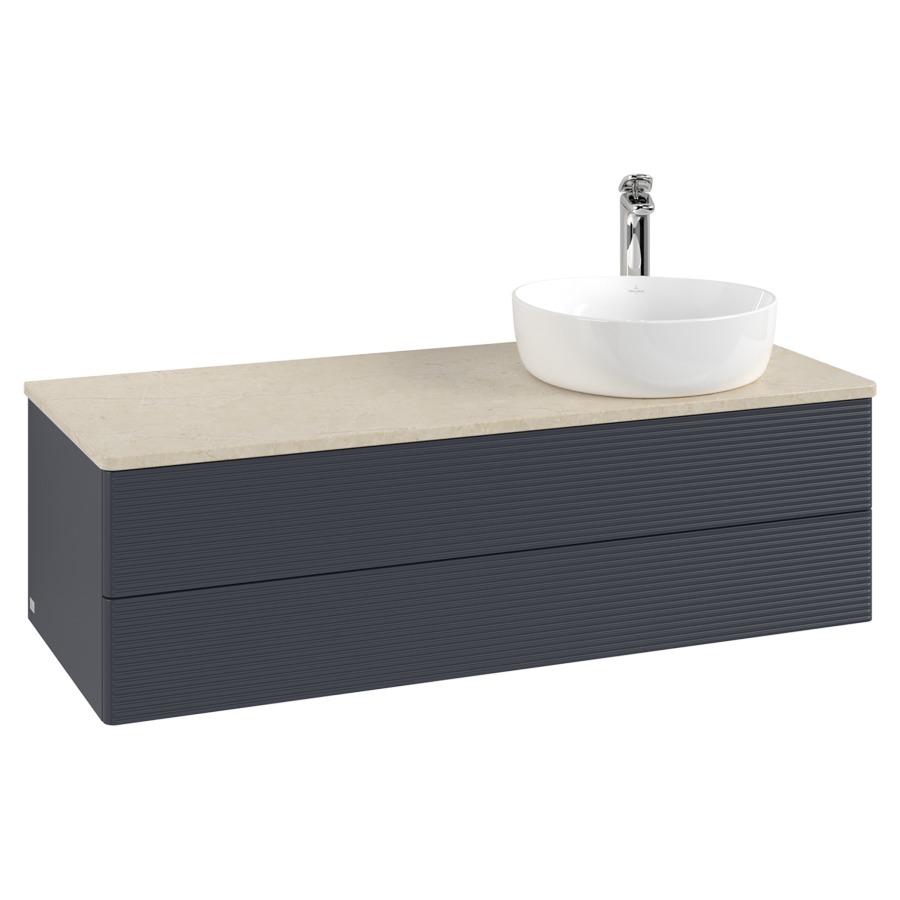 Élément inférieur  Antao
120 x 36 x 50 cm
élément de tiroir, 2&nbsp;tiroirs
lavabo à droite
avec siphon gain de place
avec matériel de fixation
pour 1 lavabo à poser 101037/101038/234171
recouvrement Botticino, 1 trou pour robinet