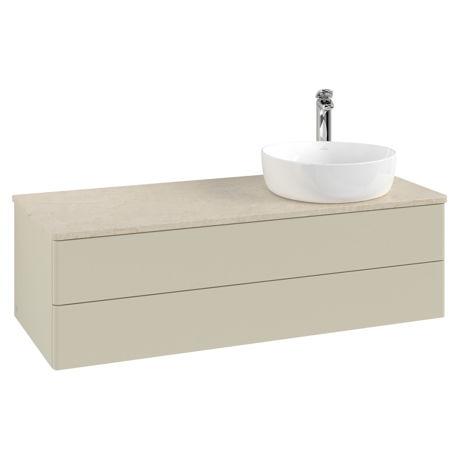 Élément inférieur  Antao
120 x 36 x 50 cm
élément de tiroir, 2&nbsp;tiroirs
lavabo à droite
avec siphon gain de place
avec matériel de fixation
pour 1 lavabo à poser 101037/101038/234171
recouvrement Botticino, 1 trou pour robinet
