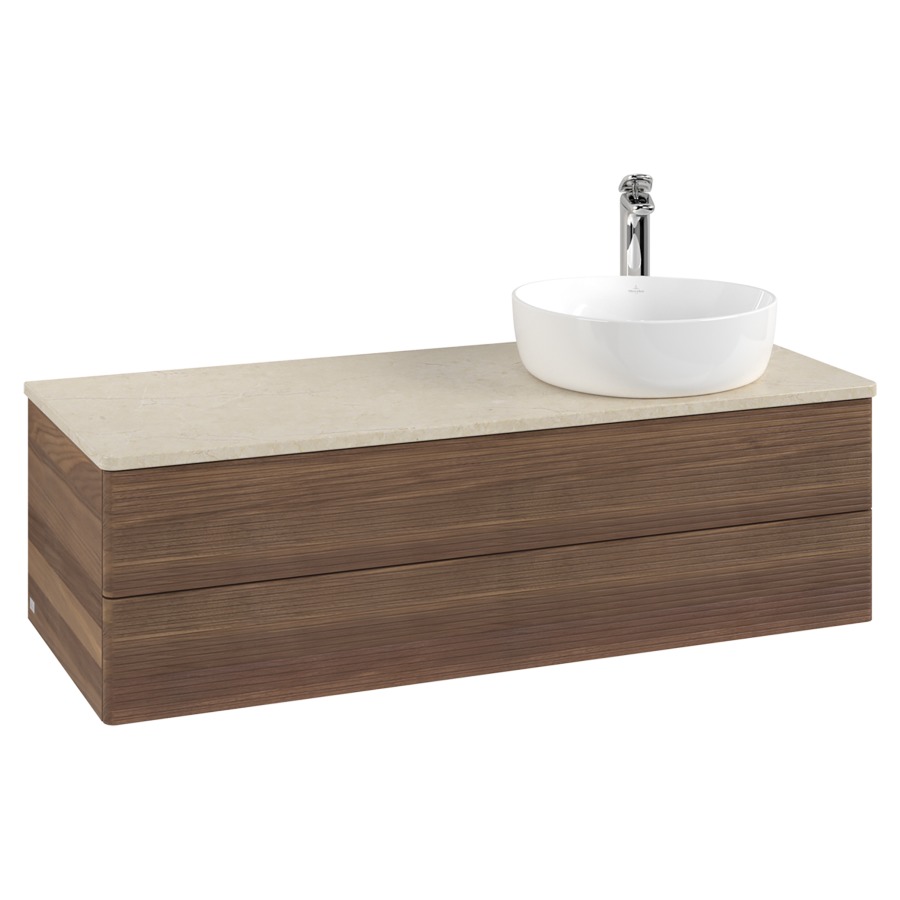 Élément inférieur  Antao
120 x 36 x 50 cm
élément de tiroir, 2&nbsp;tiroirs
lavabo à droite
avec siphon gain de place
avec matériel de fixation
pour 1 lavabo à poser 101037/101038/234171
recouvrement Botticino, 1 trou pour robinet