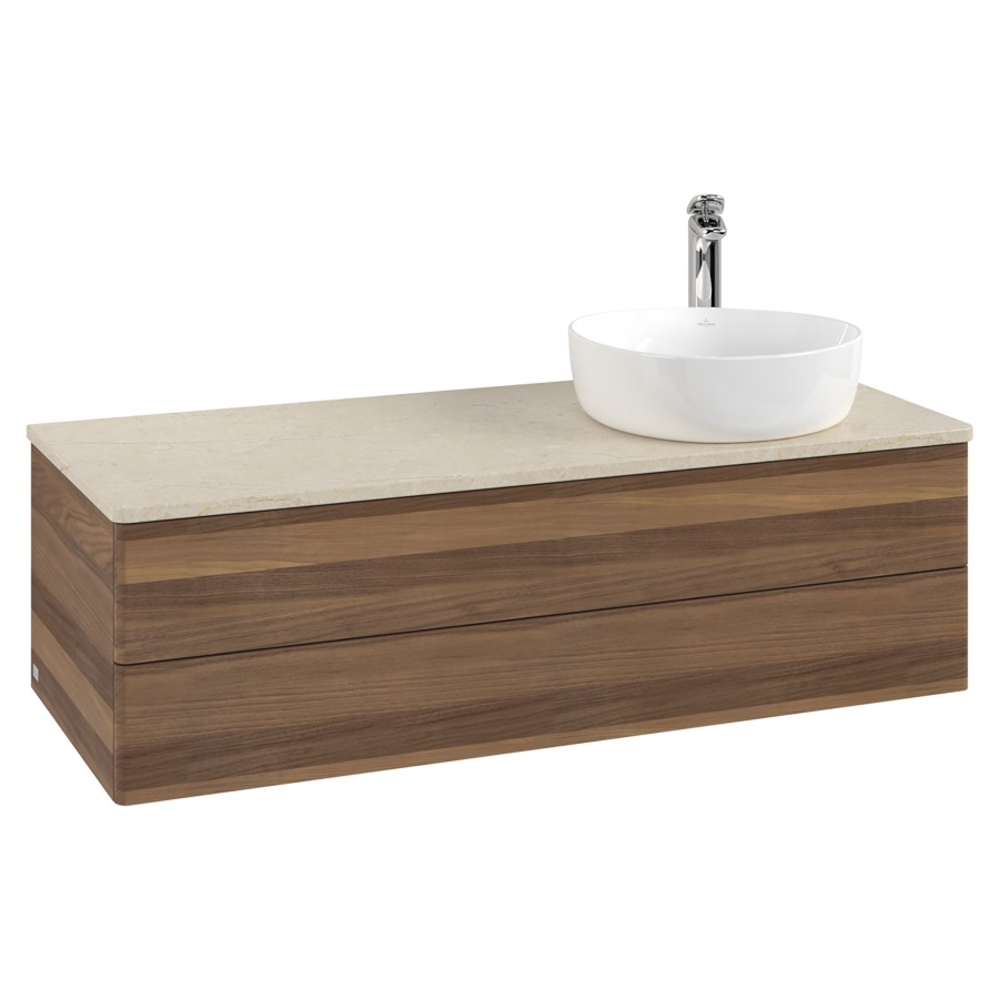 Élément inférieur  Antao
120 x 36 x 50 cm
élément de tiroir, 2&nbsp;tiroirs
lavabo à droite
avec siphon gain de place
avec matériel de fixation
pour 1 lavabo à poser 101037/101038/234171
recouvrement Botticino, 1 trou pour robinet