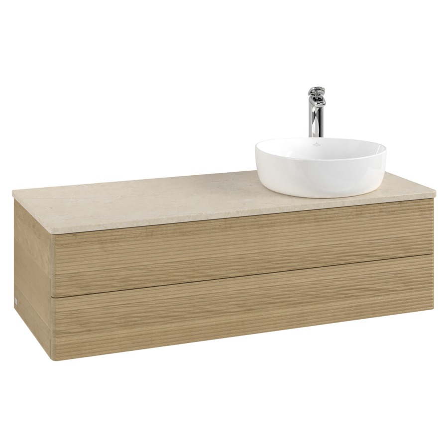 Élément inférieur  Antao
120 x 36 x 50 cm
élément de tiroir, 2&nbsp;tiroirs
lavabo à droite
avec siphon gain de place
avec matériel de fixation
pour 1 lavabo à poser 101037/101038/234171
recouvrement Botticino, 1 trou pour robinet