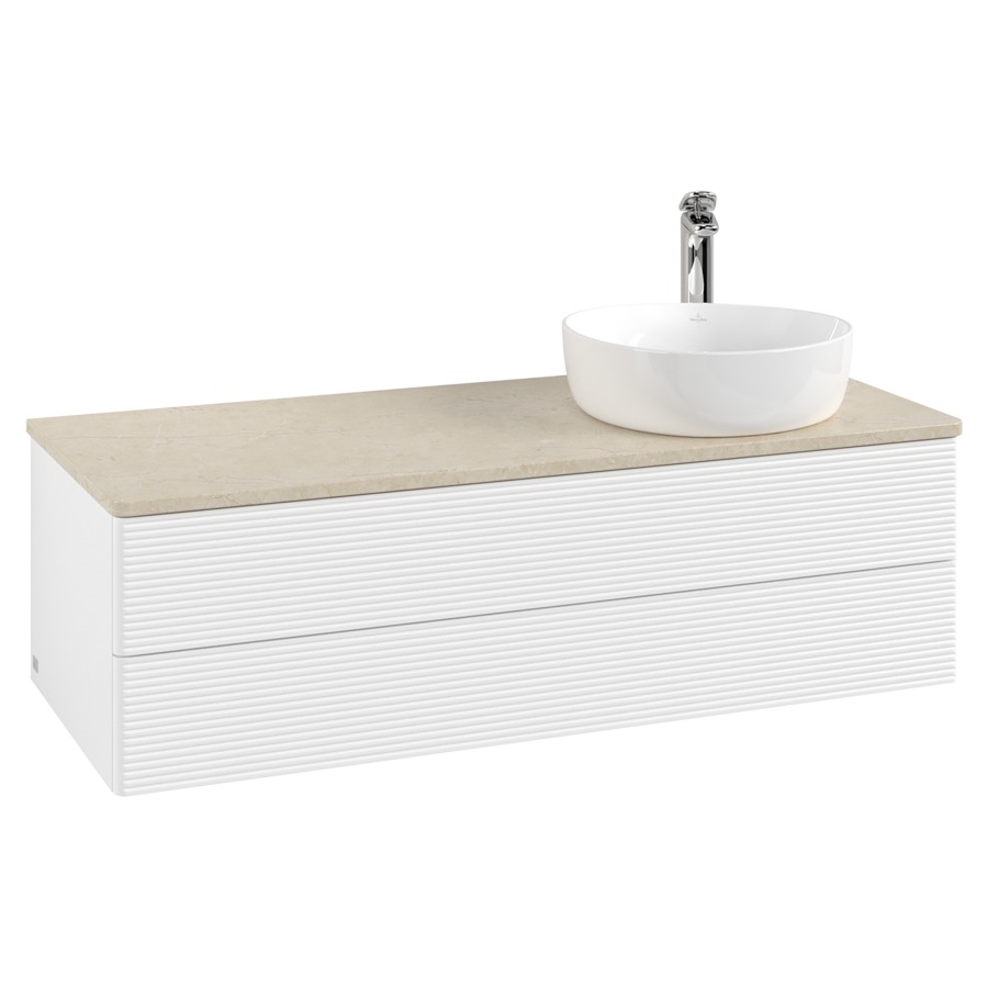 Élément inférieur  Antao
120 x 36 x 50 cm
élément de tiroir, 2&nbsp;tiroirs
lavabo à droite
avec siphon gain de place
avec matériel de fixation
pour 1 lavabo à poser 101037/101038/234171
recouvrement Botticino, 1 trou pour robinet