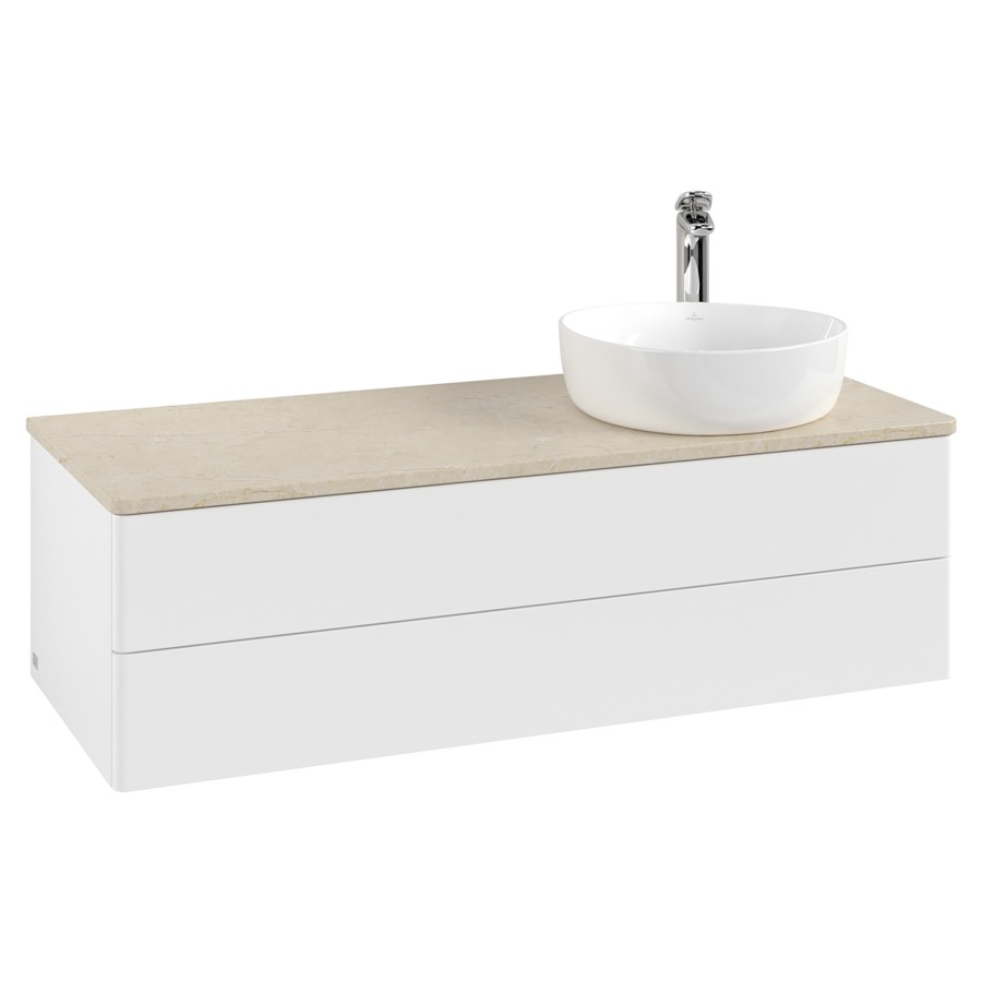 Élément inférieur  Antao
120 x 36 x 50 cm
élément de tiroir, 2&nbsp;tiroirs
lavabo à droite
avec siphon gain de place
avec matériel de fixation
pour 1 lavabo à poser 101037/101038/234171
recouvrement Botticino, 1 trou pour robinet