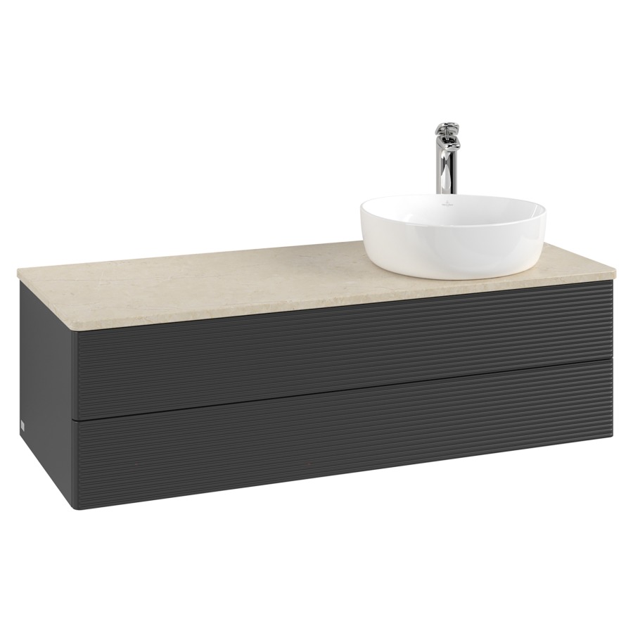 Élément inférieur  Antao
120 x 36 x 50 cm
élément de tiroir, 2&nbsp;tiroirs
lavabo à droite
avec siphon gain de place
avec matériel de fixation
pour 1 lavabo à poser 101037/101038/234171
recouvrement Botticino, 1 trou pour robinet