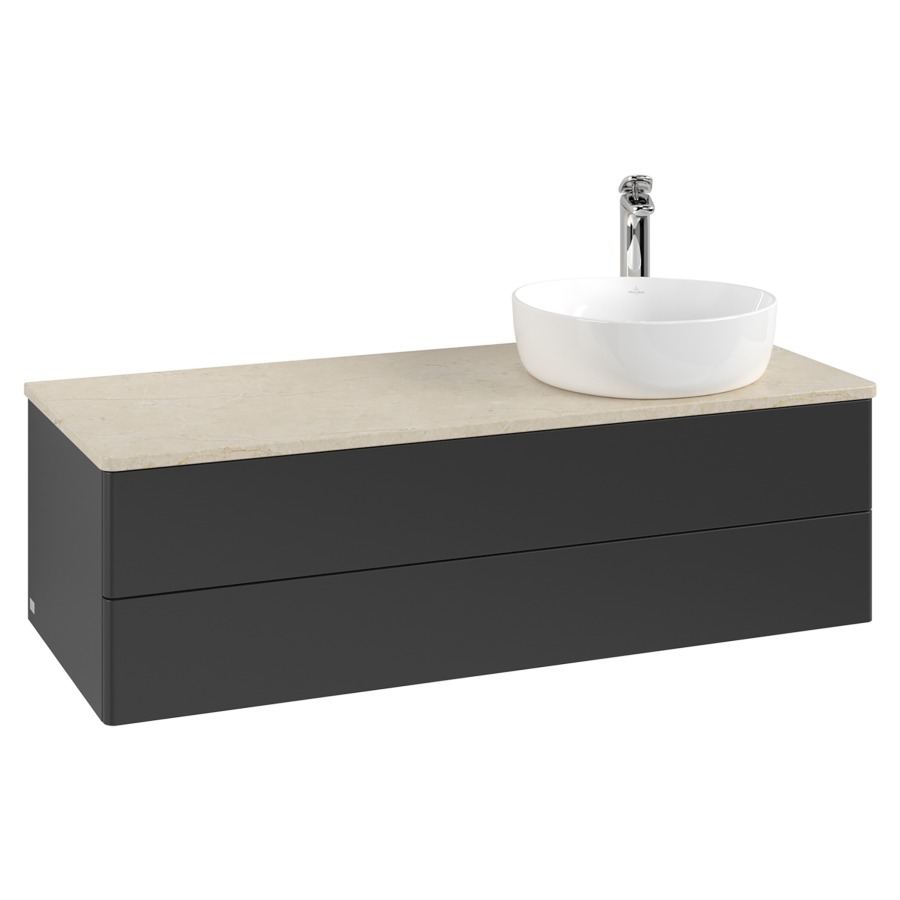 Élément inférieur  Antao
120 x 36 x 50 cm
élément de tiroir, 2&nbsp;tiroirs
lavabo à droite
avec siphon gain de place
avec matériel de fixation
pour 1 lavabo à poser 101037/101038/234171
recouvrement Botticino, 1 trou pour robinet