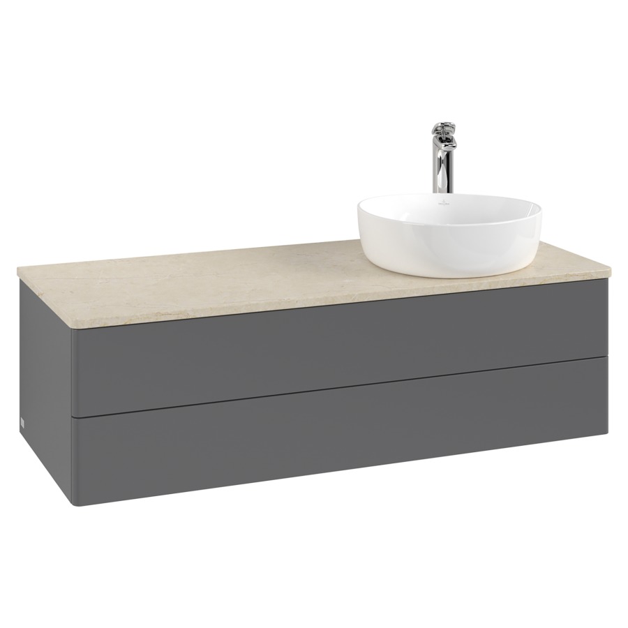Élément inférieur  Antao
120 x 36 x 50 cm
élément de tiroir, 2&nbsp;tiroirs
lavabo à droite
avec siphon gain de place
avec matériel de fixation
pour 1 lavabo à poser 101037/101038/234171
recouvrement Botticino, 1 trou pour robinet
