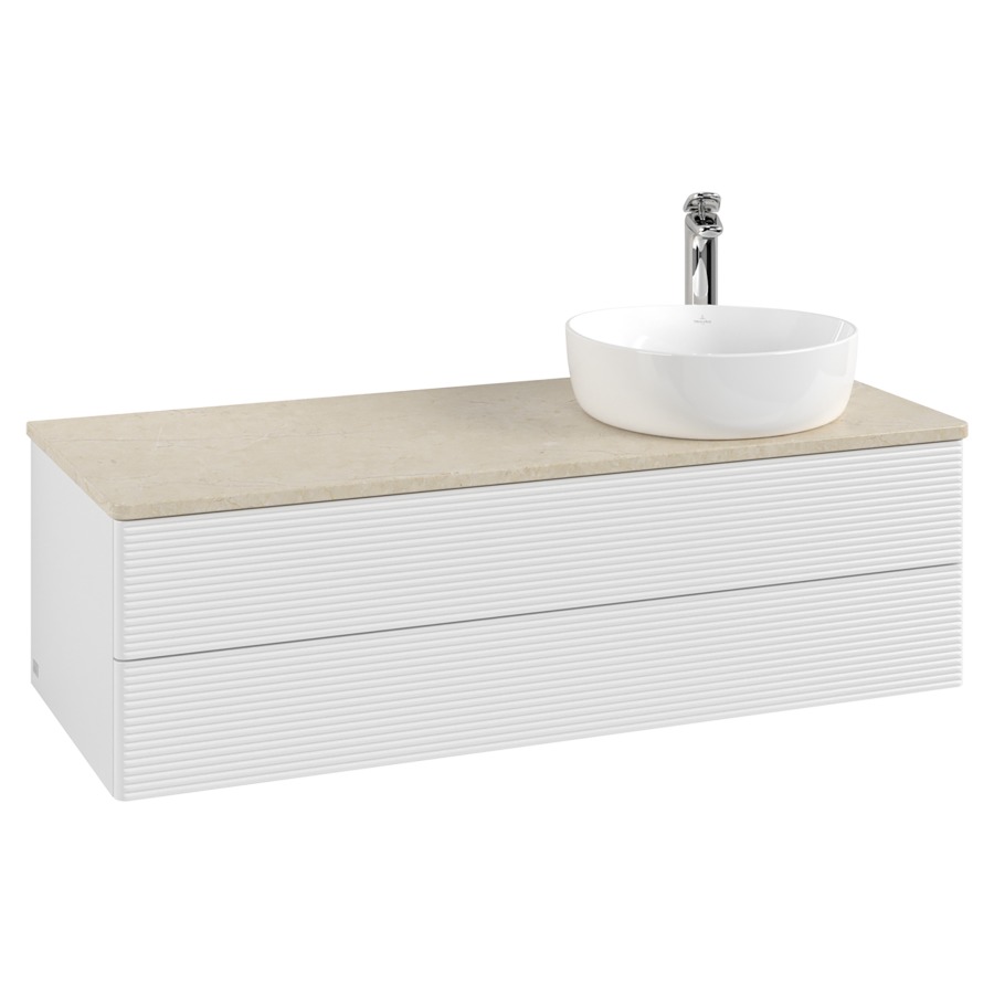 Élément inférieur  Antao
120 x 36 x 50 cm
élément de tiroir, 2&nbsp;tiroirs
lavabo à droite
avec siphon gain de place
avec matériel de fixation
pour 1 lavabo à poser 101037/101038/234171
recouvrement Botticino, 1 trou pour robinet