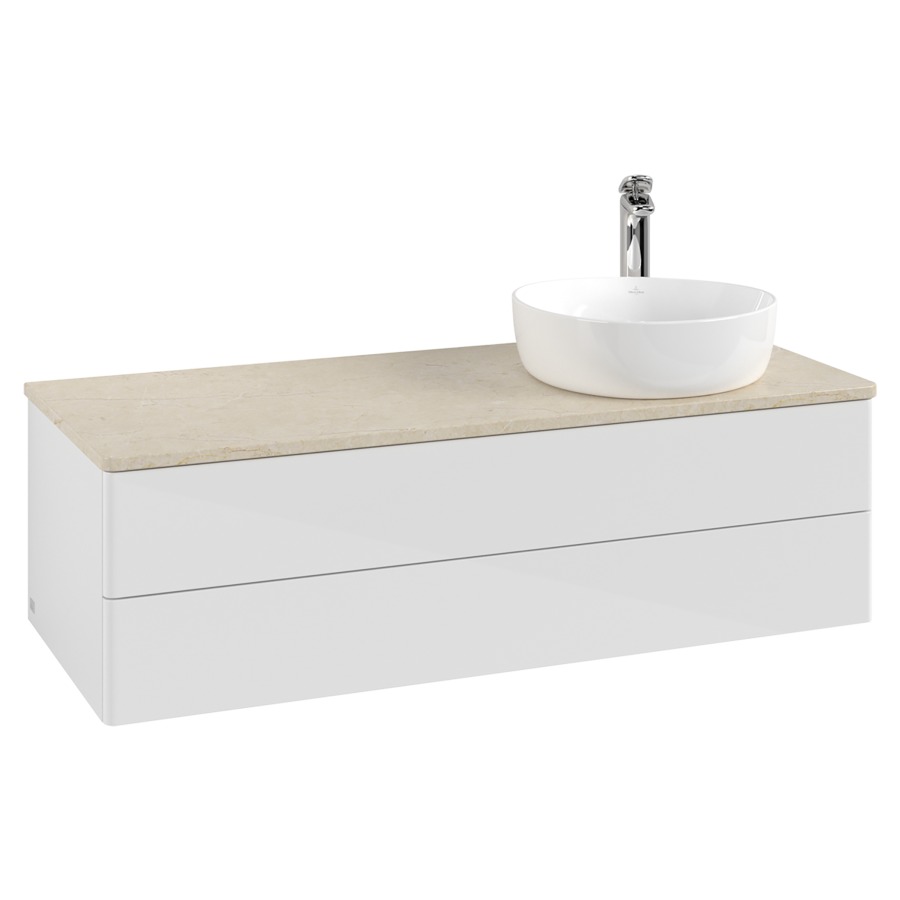 Élément inférieur  Antao
120 x 36 x 50 cm
élément de tiroir, 2&nbsp;tiroirs
lavabo à droite
avec siphon gain de place
avec matériel de fixation
pour 1 lavabo à poser 101037/101038/234171
recouvrement Botticino, 1 trou pour robinet