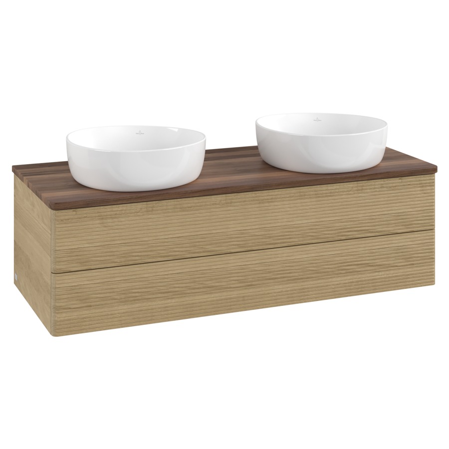 Élément inférieur  Antao
120 x 36 x 50 cm
élément de tiroir, 2&nbsp;tiroirs
avec siphon gain de place
avec matériel de fixation
pour 2 lavabos à poser 234171/234172/234173
recouvrement Warm Walnut
sans trou pour robinet