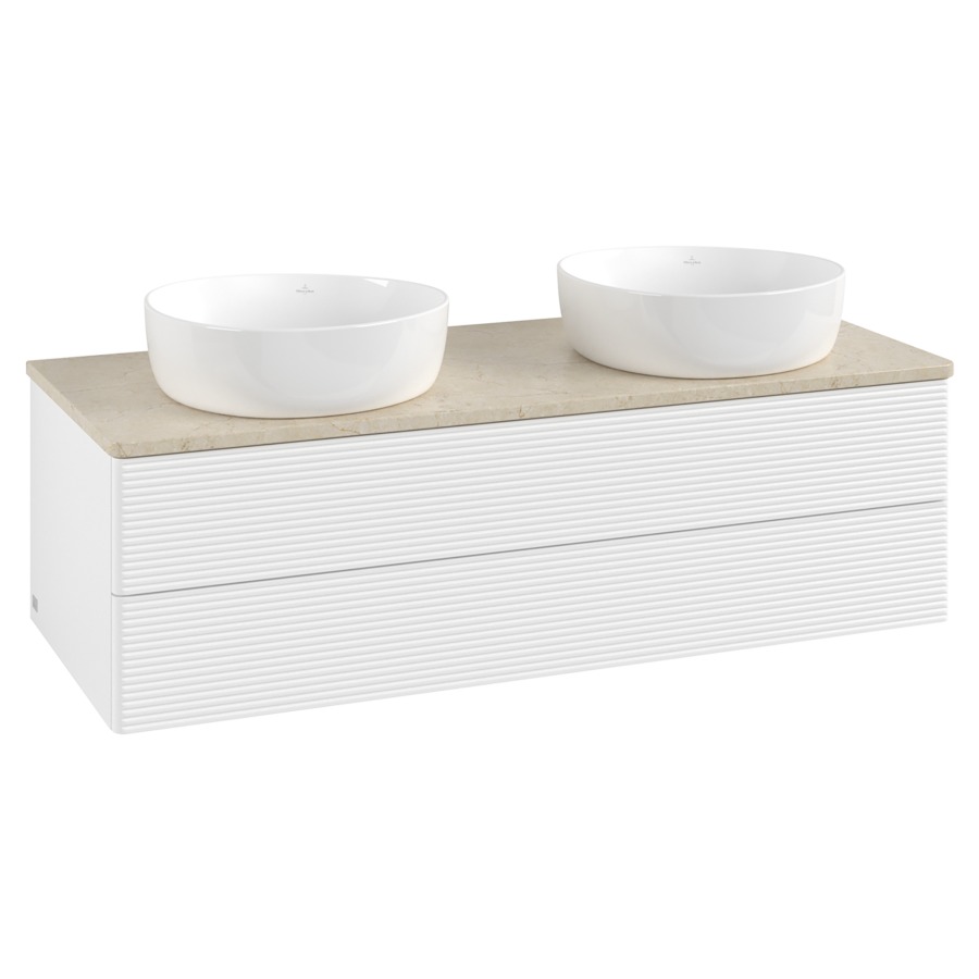 Élément inférieur  Antao
120 x 36 x 50 cm
élément de tiroir, 2&nbsp;tiroirs
avec siphon gain de place
avec matériel de fixation
pour 2 lavabos à poser 234171/234172/234173
recouvrement Botticino
sans trou pour robinet