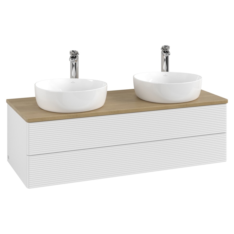 Élément inférieur  Antao
120 x 36 x 50 cm
élément de tiroir, 2&nbsp;tiroirs
avec siphon gain de place
avec matériel de fixation
pour 2 lavabos à poser 101037/101038/234182
recouvrement Honey Oak, avec trou pour robinet