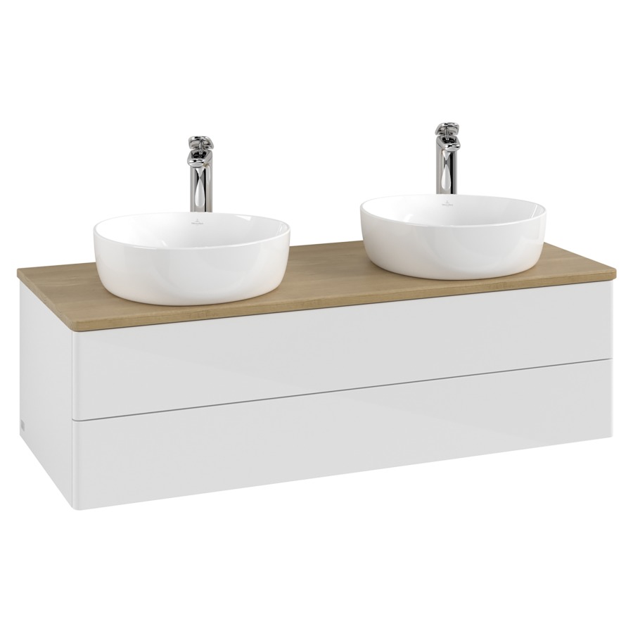Élément inférieur  Antao
120 x 36 x 50 cm
élément de tiroir, 2&nbsp;tiroirs
avec siphon gain de place
avec matériel de fixation
pour 2 lavabos à poser 101037/101038/234182
recouvrement Honey Oak, avec trou pour robinet