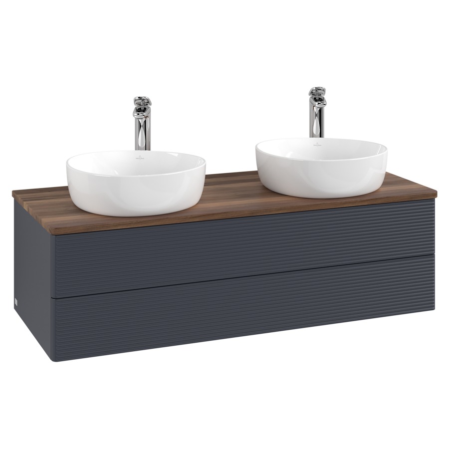 Élément inférieur  Antao
120 x 36 x 50 cm
élément de tiroir, 2&nbsp;tiroirs
avec siphon gain de place
avec matériel de fixation
pour 2 lavabos à poser 101037/101038/234182
recouvrement Warm Walnut, avec trou pour robinet