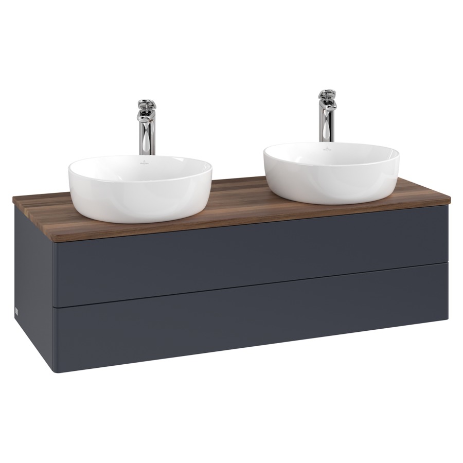 Élément inférieur  Antao
120 x 36 x 50 cm
élément de tiroir, 2&nbsp;tiroirs
avec siphon gain de place
avec matériel de fixation
pour 2 lavabos à poser 101037/101038/234182
recouvrement Warm Walnut, avec trou pour robinet