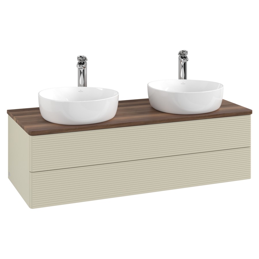 Élément inférieur  Antao
120 x 36 x 50 cm
élément de tiroir, 2&nbsp;tiroirs
avec siphon gain de place
avec matériel de fixation
pour 2 lavabos à poser 101037/101038/234182
recouvrement Warm Walnut, avec trou pour robinet