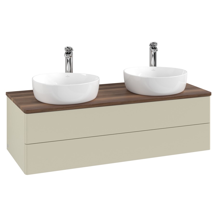 Élément inférieur  Antao
120 x 36 x 50 cm
élément de tiroir, 2&nbsp;tiroirs
avec siphon gain de place
avec matériel de fixation
pour 2 lavabos à poser 101037/101038/234182
recouvrement Warm Walnut, avec trou pour robinet