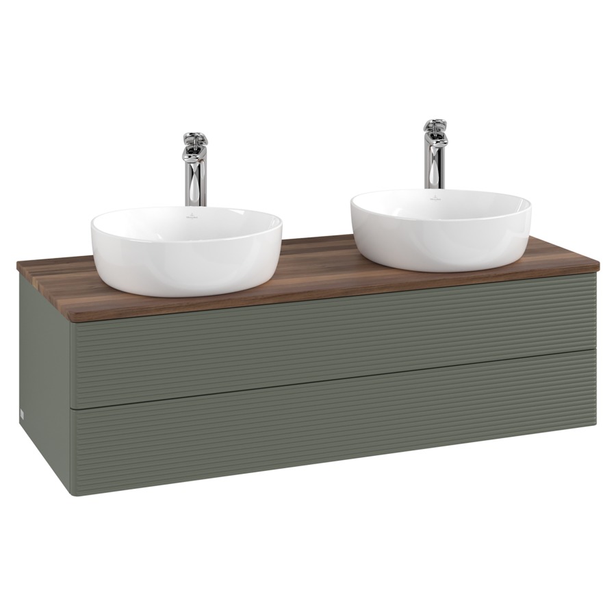 Élément inférieur  Antao
120 x 36 x 50 cm
élément de tiroir, 2&nbsp;tiroirs
avec siphon gain de place
avec matériel de fixation
pour 2 lavabos à poser 101037/101038/234182
recouvrement Warm Walnut, avec trou pour robinet