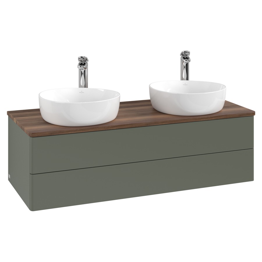 Élément inférieur  Antao
120 x 36 x 50 cm
élément de tiroir, 2&nbsp;tiroirs
avec siphon gain de place
avec matériel de fixation
pour 2 lavabos à poser 101037/101038/234182
recouvrement Warm Walnut, avec trou pour robinet
