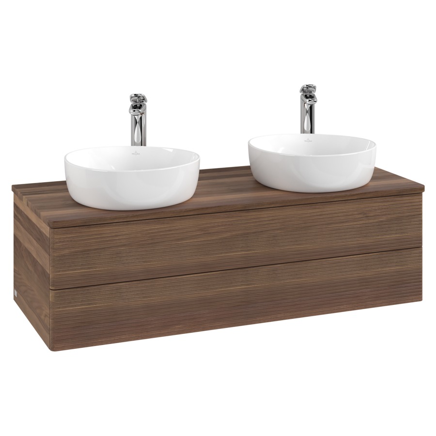 Élément inférieur  Antao
120 x 36 x 50 cm
élément de tiroir, 2&nbsp;tiroirs
avec siphon gain de place
avec matériel de fixation
pour 2 lavabos à poser 101037/101038/234182
recouvrement Warm Walnut, avec trou pour robinet