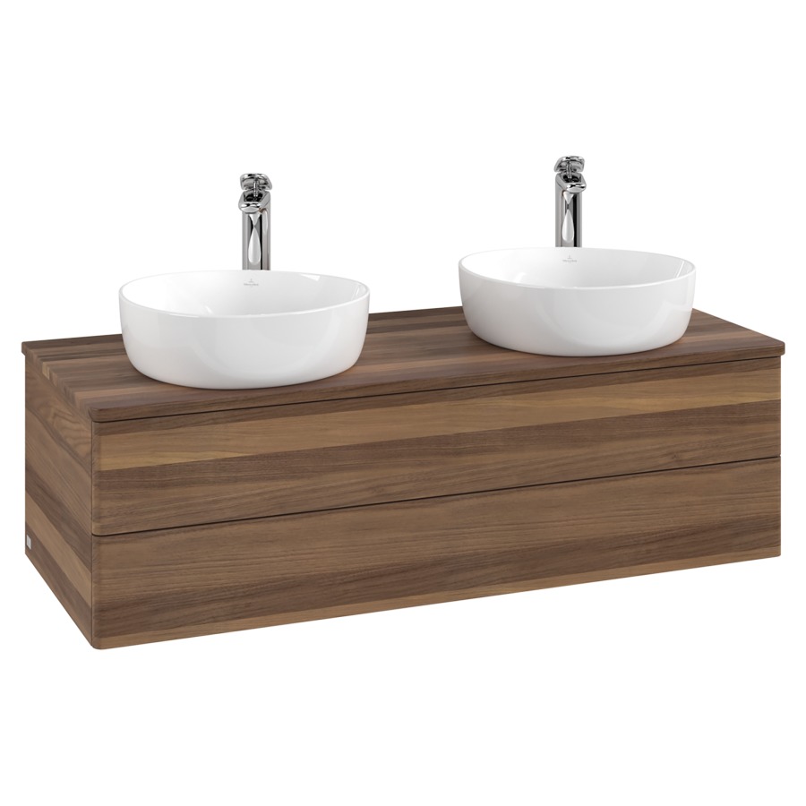 Élément inférieur  Antao
120 x 36 x 50 cm
élément de tiroir, 2&nbsp;tiroirs
avec siphon gain de place
avec matériel de fixation
pour 2 lavabos à poser 101037/101038/234182
recouvrement Warm Walnut, avec trou pour robinet
