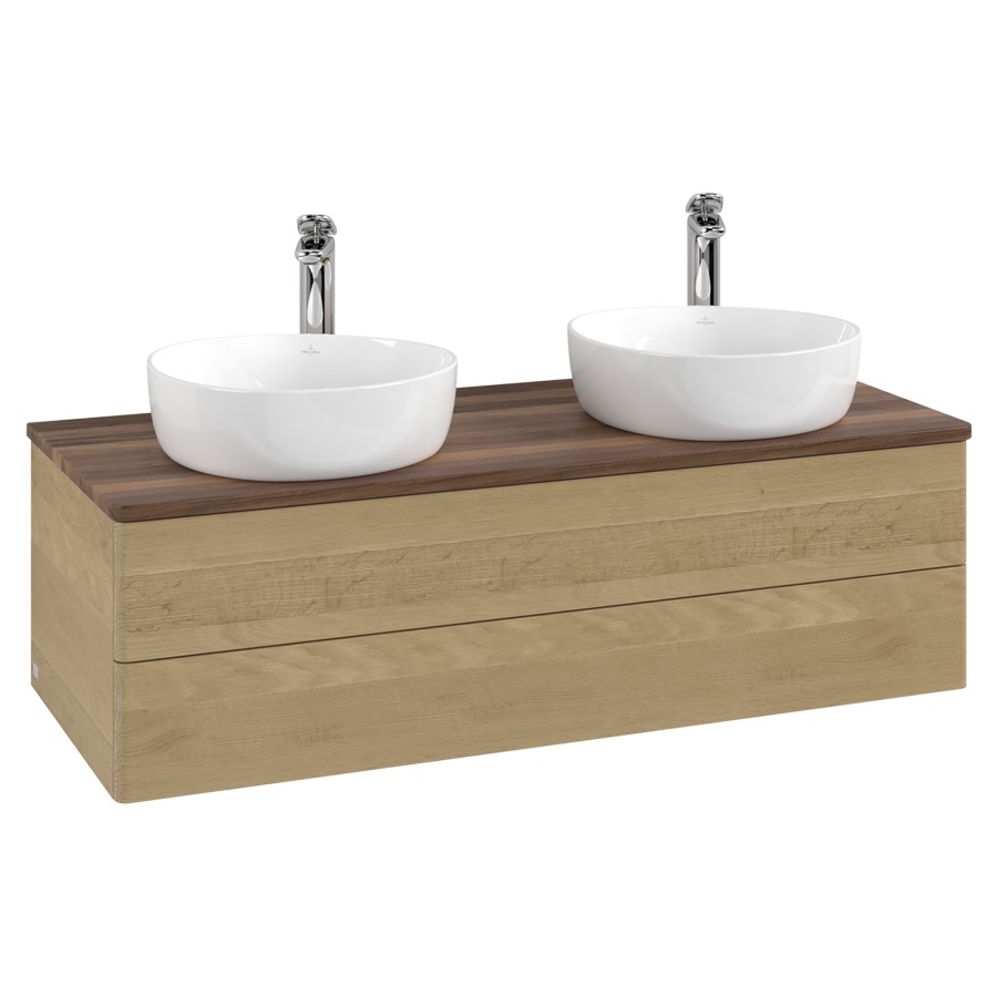 Élément inférieur  Antao
120 x 36 x 50 cm
élément de tiroir, 2&nbsp;tiroirs
avec siphon gain de place
avec matériel de fixation
pour 2 lavabos à poser 101037/101038/234182
recouvrement Warm Walnut, avec trou pour robinet