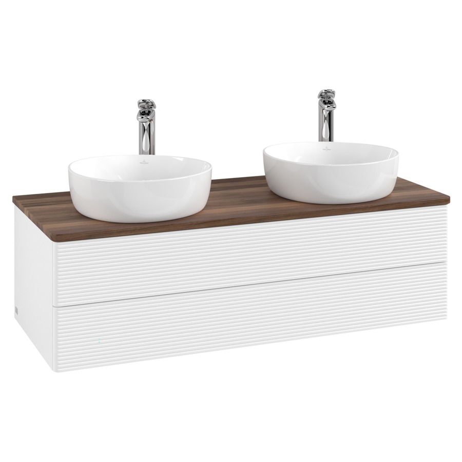Élément inférieur  Antao
120 x 36 x 50 cm
élément de tiroir, 2&nbsp;tiroirs
avec siphon gain de place
avec matériel de fixation
pour 2 lavabos à poser 101037/101038/234182
recouvrement Warm Walnut, avec trou pour robinet