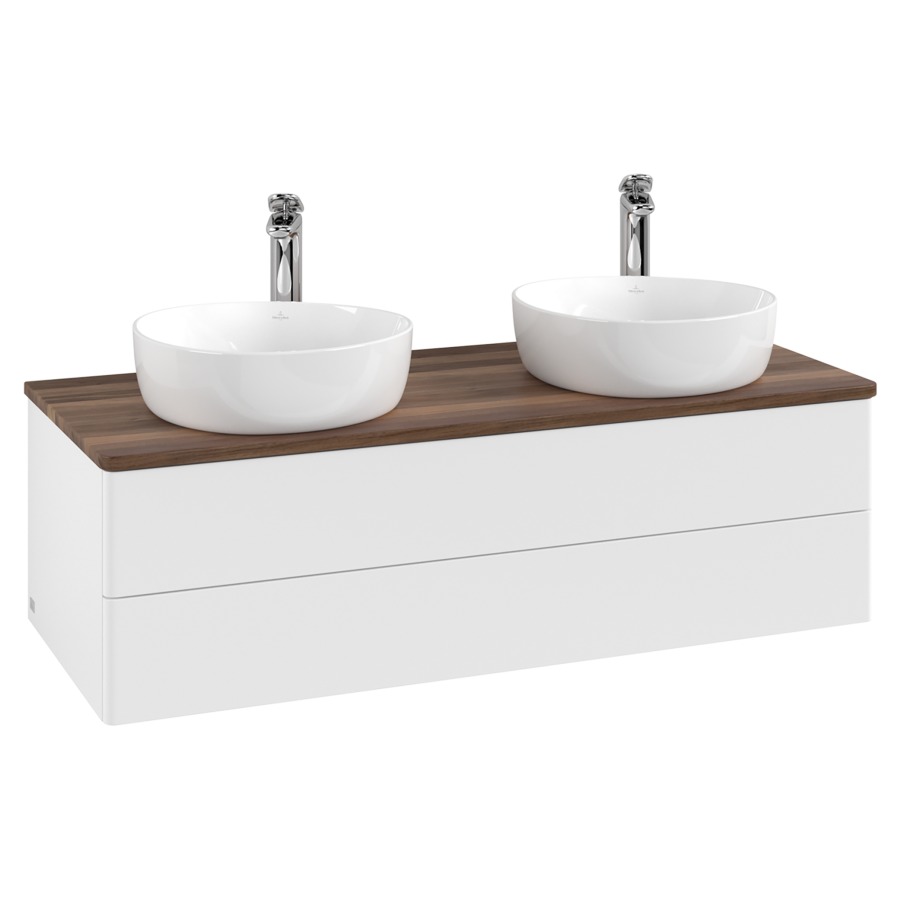 Élément inférieur  Antao
120 x 36 x 50 cm
élément de tiroir, 2&nbsp;tiroirs
avec siphon gain de place
avec matériel de fixation
pour 2 lavabos à poser 101037/101038/234182
recouvrement Warm Walnut, avec trou pour robinet