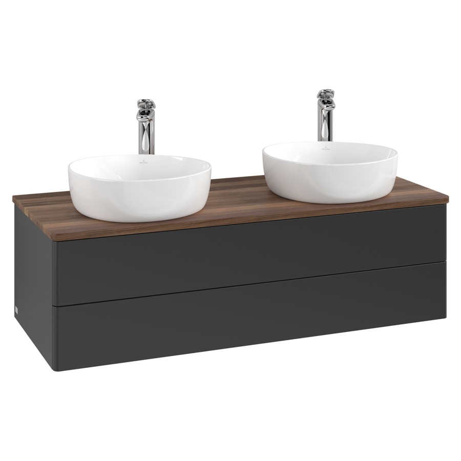 Élément inférieur  Antao
120 x 36 x 50 cm
élément de tiroir, 2&nbsp;tiroirs
avec siphon gain de place
avec matériel de fixation
pour 2 lavabos à poser 101037/101038/234182
recouvrement Warm Walnut, avec trou pour robinet